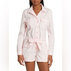 Veronica Beard Winifred Twill Belted Long Sleeve Button Romper Utility Pink Sz S